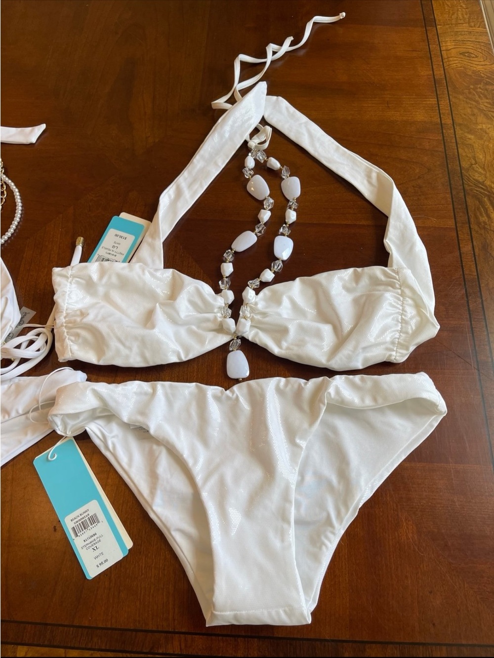 NWOT large top, XL bottoms halter white beaded bikini mermaid bikini - Picture 5 of 8